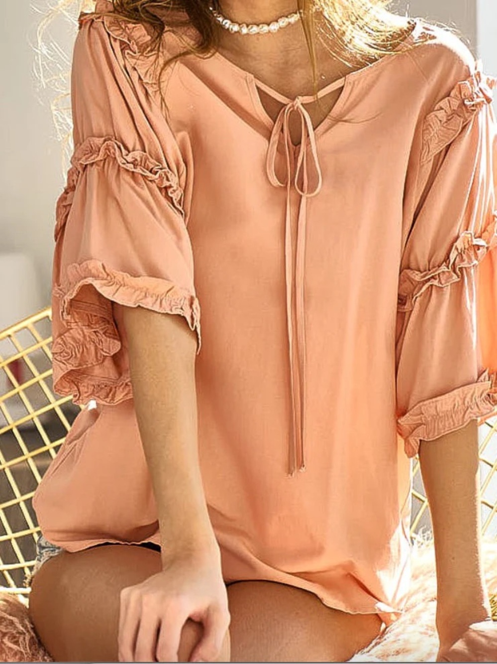 Bibi Women’s Peach Frill & Front Tie Top - Size Medium, NWT